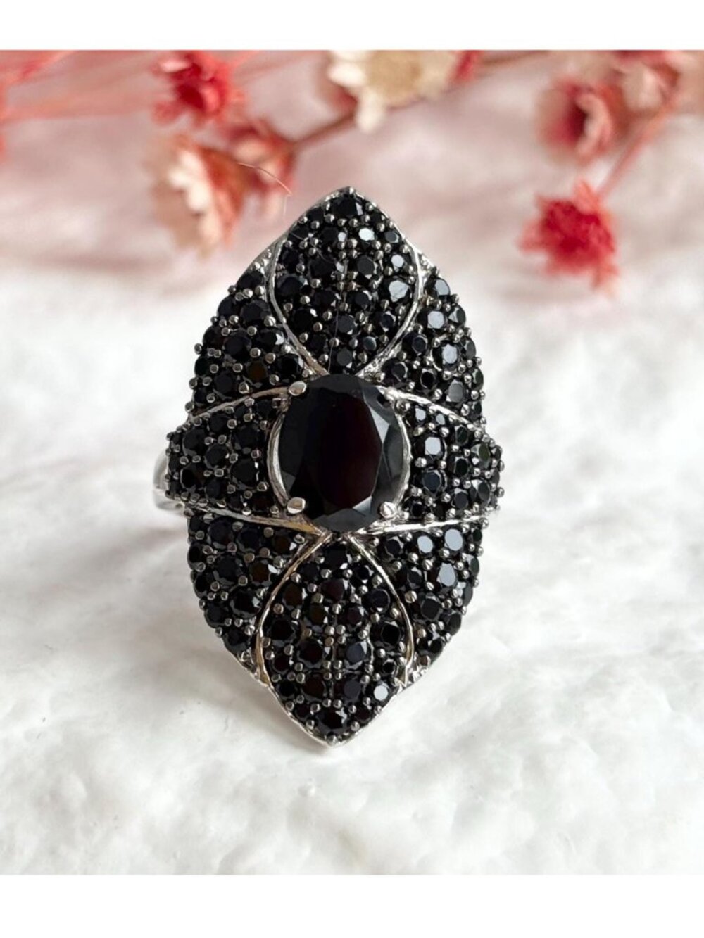 Black Onyx Cluster Gemstone Art Deco Sterling Silver 925 Vintage Ring - sz 7